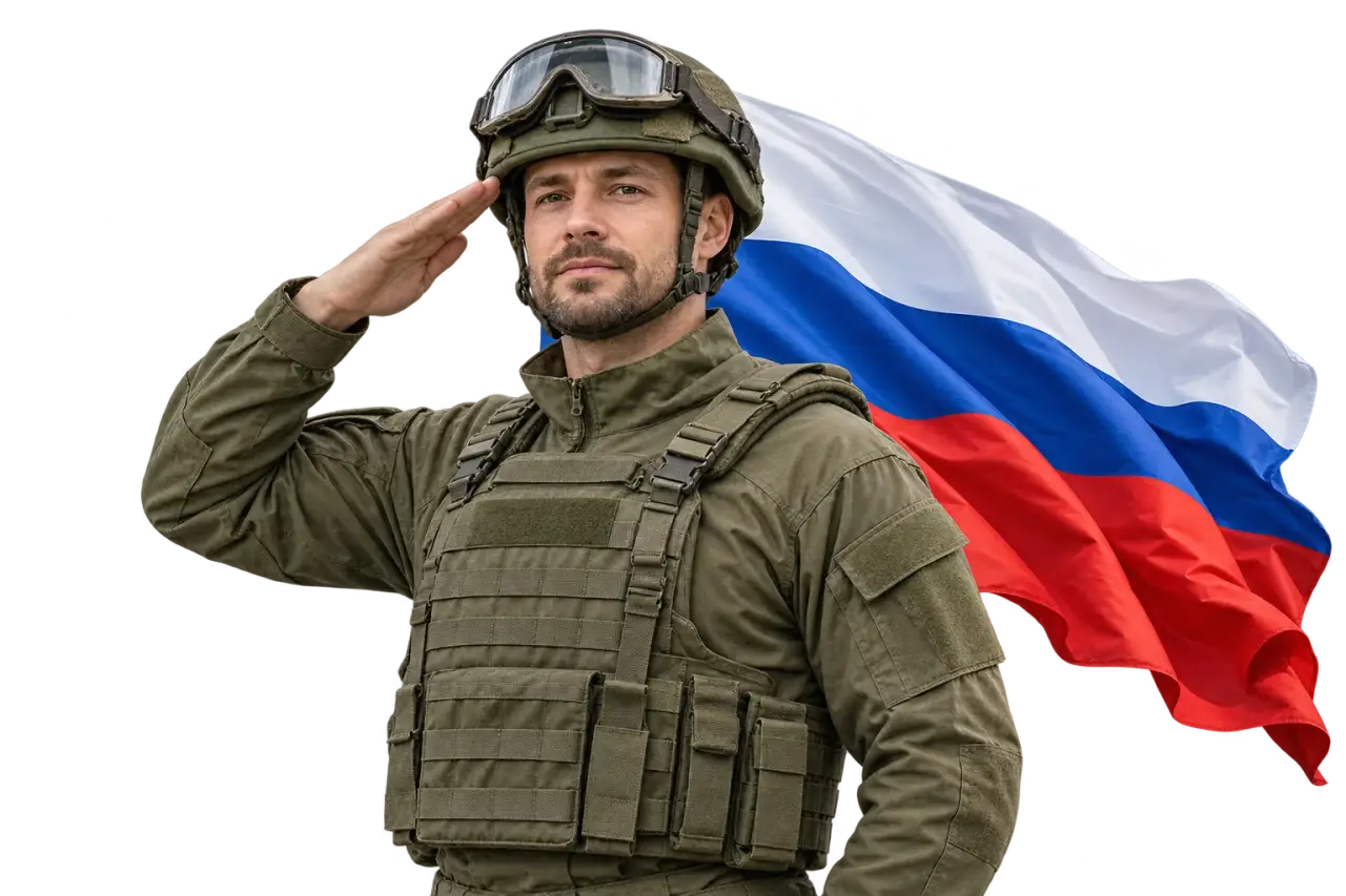 Военнослужащий на фоне российского флага